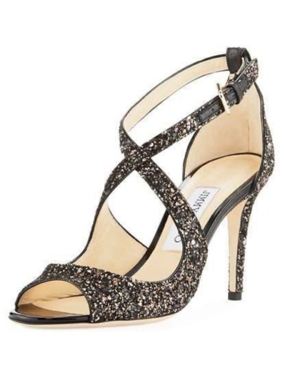 Jimmy Choo 11/41 Emily 85 Bronze Mix Midnight Coarse Glitter Heels Sandals